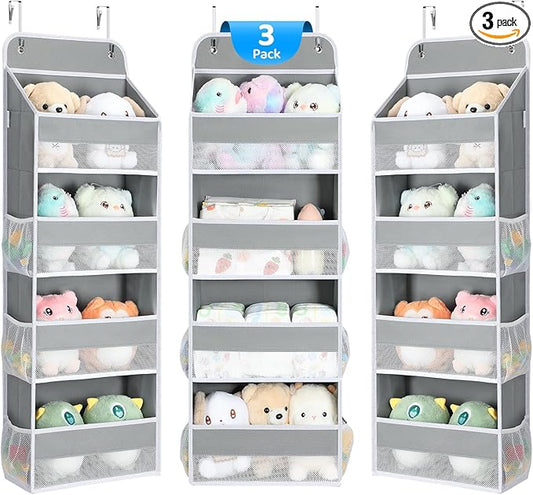 Yecaye 3 Pack Over the Door Organizer, 35.2lbs Load Toy Stuffed Animal Storage, Swing-proof Hanging Bathroom Organizers and Storage for Nursery Newborn Baby Essential Stuff Dorm Room Essentials Grey