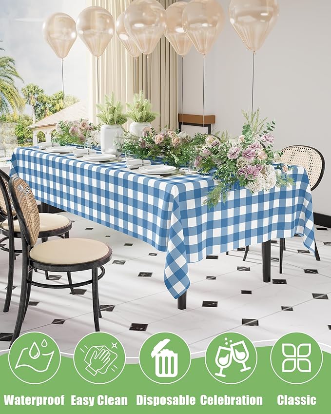 Smiry 12 Packs Gingham Disposable Table Cloth, 54 x 108 Inch Waterproof Plastic Tablecloth, Rectangle Aqua and White Checkered Table Covers for Picnic, Birthday, Party
