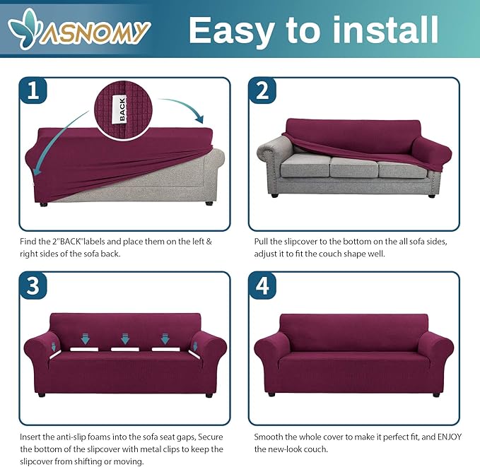 Asnomy Sofa Covers for 2 Cushion Couch Stretch loveseat Covers Slipcovers, Pet Protector Furniture Covers for Dogs Cats Spandex Jacquard Fabric Small Checks （Medium，Wine Red）