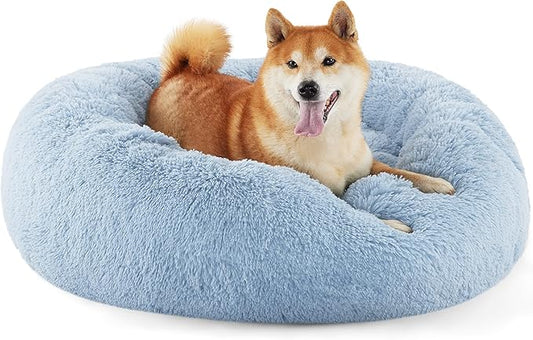 Bedsure Calming Dog Bed for Medium Dogs - Donut Washable Medium Pet Bed, Anti-Slip Round Fluffy Plush Faux Fur Cat Bed, Fits up to 45 lbs Pets, Light Blue, 30 inches