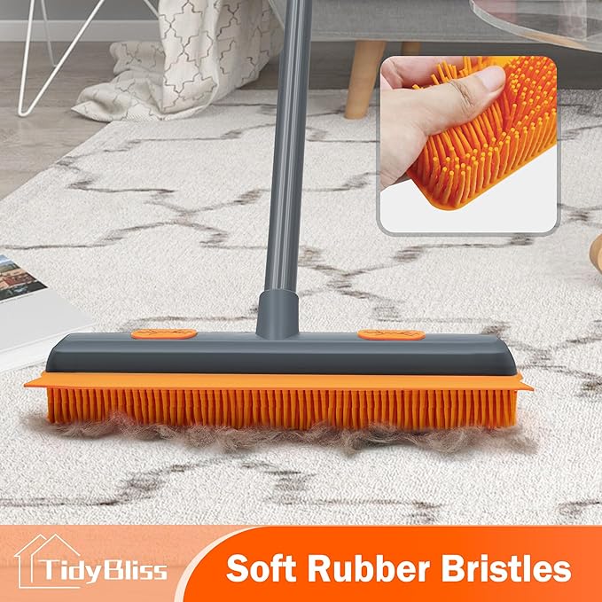 TidyBliss Pet Hair Removal Broom, 57.5 inches Rubber Brush Carpet Rake with Silicone Squeegee, Fur Remover Tool with Detailing Lint Comb for Cleaning Rug, Tile, Hardwood Floor (Gray Orange)