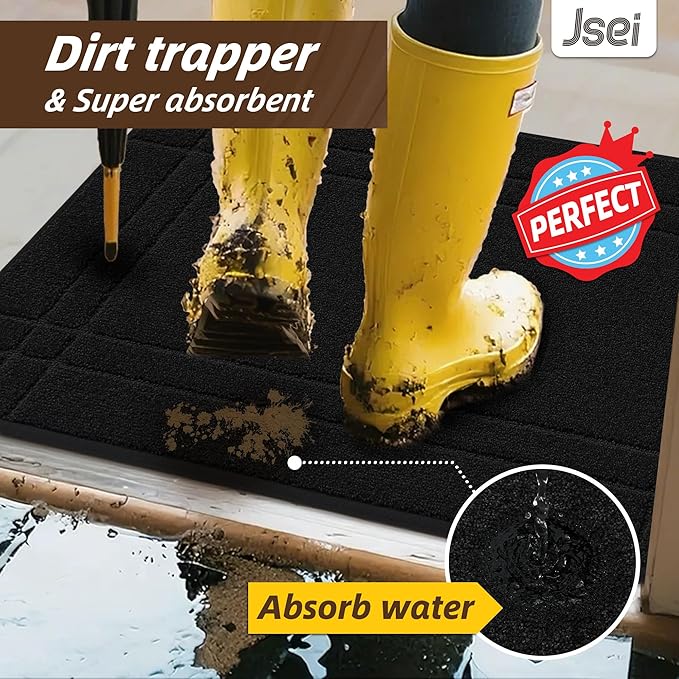 JSEI Entryway Rugs Doormat 36"x60", Non-Slip Dirt Trapper Door Mats Indoor, Washable Absorbent and Stain Resist Welcome Floor Mat for Front Door, Dog Door Mat, Muddy Wet Shoes & Paws, Black
