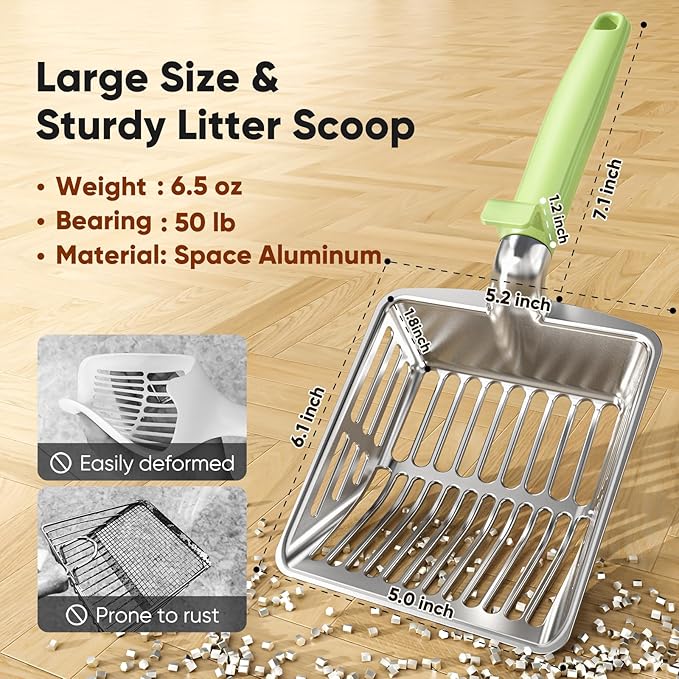 KooMooM Metal Cat Litter Scoop, Large Cat Scooper with Deep Shovel & Dual Sifting Holes for Fast & Precise Sifting, Space Aluminum Kitty Litter Scooper with Long Handle & Easy-to-Hang Hook - Mint