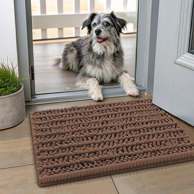 Smiry Dog Door Mat for Muddy Paws 24x16, Extra Soft Absorbent Chenille Doormat, Trap Moisture and Dirt, Non-Slip Machine Washable Front Door Mat for Indoor Entrance Inside Floor, Mocha