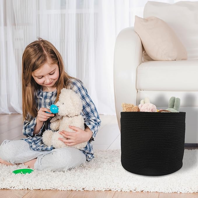 XUANGUO Cotton Rope Basket For Girls Boys Kids 16”X14” Baby Laundry Basket Nursery Bin Round Woven Baskets Organizer For Storage Toys Blankets Shoes Clothes black