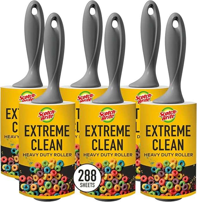 Scotch-Brite Extreme Clean Heavy Duty Lint Roller, Advanced Lint Removers for Larger Debris, Extra Sticky Lint Roller for Clothes, Pet Hair, Furniture, Cars, Offices, and More, 48 Sheets, 6 Pack