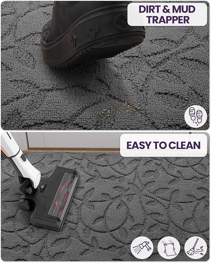 DEXI Front Door Mat Inside Entrance 32x48, Non Slip Dirt Trapper Doormat, Low Profile Thin Entry Mat, Absorbent Easy Clean Welcome Mats for Entryway, Patio, Branch Leaf Grey