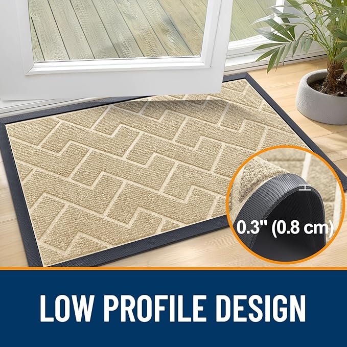 OLANLY Front Door Mat Indoor Outdoor Entrance, Waterproof All-Season, All-Weather Doormat, Sturdy Natural Rubber, Low Profile, Easy Clean Patio Porch Entryway Mat, Herringbone Brick (Beige, 35x23)
