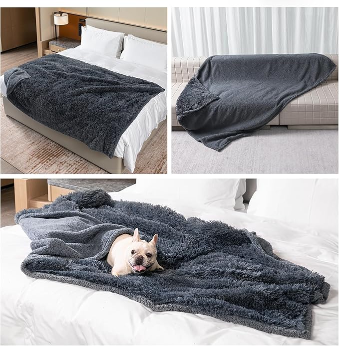 Wowchine Waterproof Dog Calming Blanket 40x28in Gray Pet Throw Blankets for Dogs Cats Fluffy Long Faux Fur Puppy Couch Cover Reversible Love Bed Mat Washable(Gray,S)