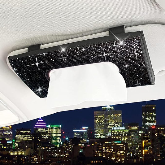 ChuLian Bling Bling Car Visor Tissue Holder Leather Crystals Paper Towel Cover Case & Glitter Sunglasses Clip for Women Black