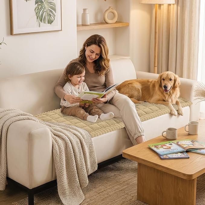 Smiry Non Slip Couch Covers for Dogs, Fuzzy Pet Couch Covers for 3 Cushion Sofa Pet Friendly, Soft Sofa Slipcovers Cushion Furniture Protector Washable (Khaki, 27.6" x 70.9")