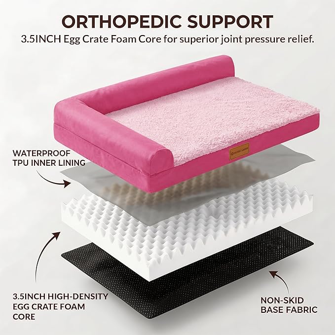 Patas Lague Orthopedic XL Dog Bed Large Sized Dog 48''X30'', Waterproof L Bolster Big Large Pet Sofa Beds with Removable Washable Cover, Soft Pet Couch Crate Mat with Nonskid Bottom, Pink