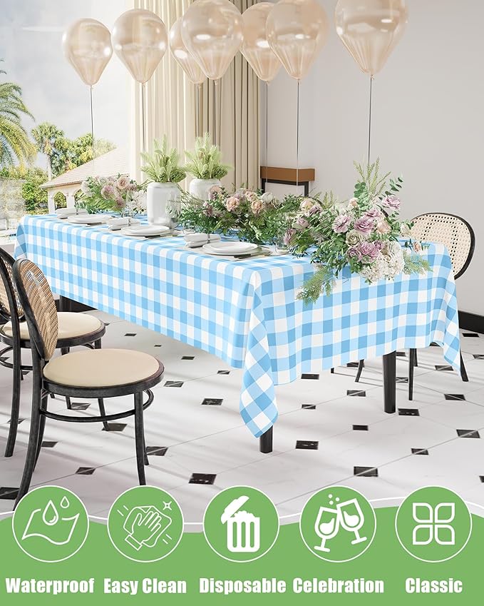Smiry 8 Packs Gingham Disposable Table Cloth, 54 x 108 Inch Waterproof Plastic Tablecloth, Rectangle Baby Blue and White Checkered Table Covers for Picnic, Birthday, Party