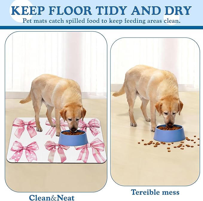 Pink Bows Dog Cat Food Mat–Christmas Stocking Absorbent Waterproof Placemat for Food and Water Bowls, Non Slip Rubber Backing, Feeding Mat for Clean Floors 16"x24"