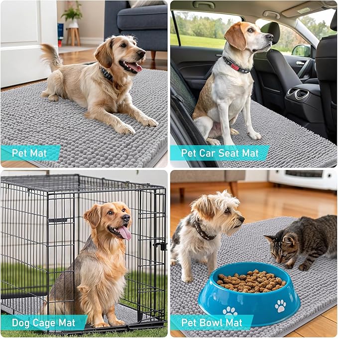OLANLY Dog Door Mat for Muddy Paws 59x35, Absorbs Moisture and Dirt, Absorbent Non-Slip Washable Doormat, Quick Dry Chenille Mud Mat for Dogs, Entry Indoor Entryway Carpet for Inside Floor, Light Grey