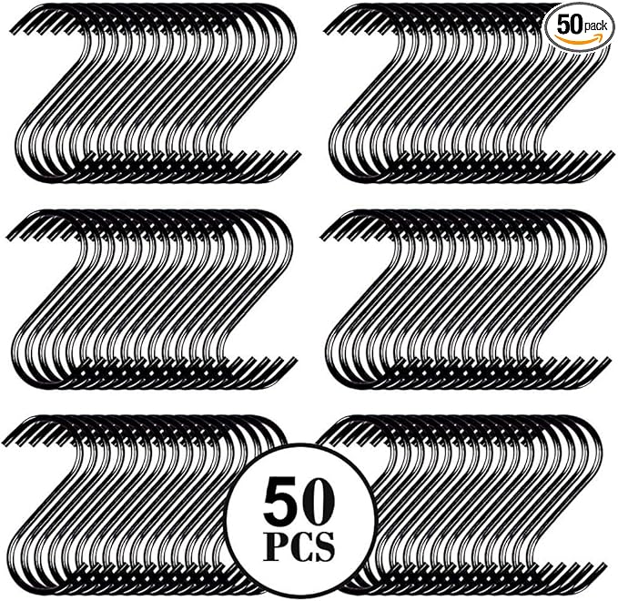 50 Pack Black S Hooks - Steel Hanging Hooks Heavy Duty for Kitchen Pot Rack, Closet, Plants - Metal Hanger for Pots, Pans, Cups, Bags, Jeans, Towels