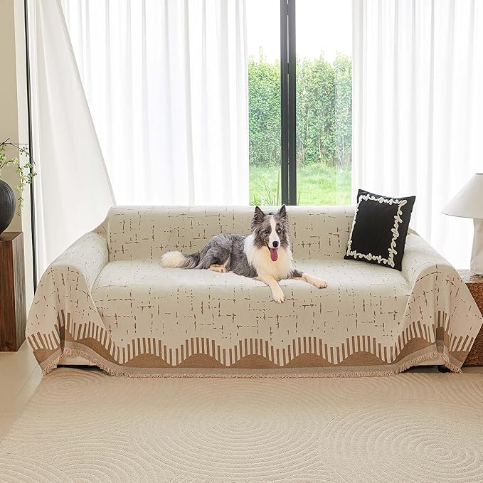 Couch Cover for 3 Cushion Sofa Pet Friendly Furniture Covers, Chenille Sofa Covers Washable L Shape, Boho Couch Blanket Cover with Tassel Decoration, 71"x 134", Light Brown