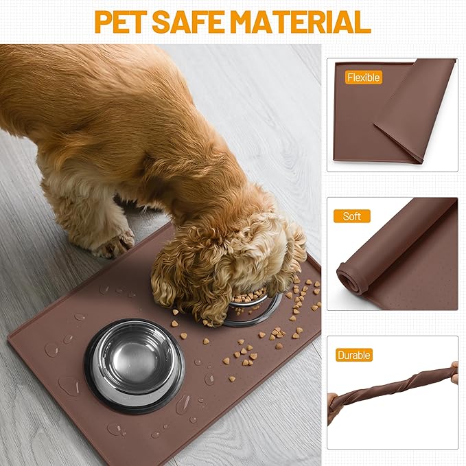 Hubulk Dog Feeding Mat,100% Waterproof Food Grade Silicone Pet Food and Water Bowl Placemat,Dishwasher, High Raised Edge to Prevent Spills,Nonslip Tray to Stop Messes on Floor（19"x12"x0.5", Brown）