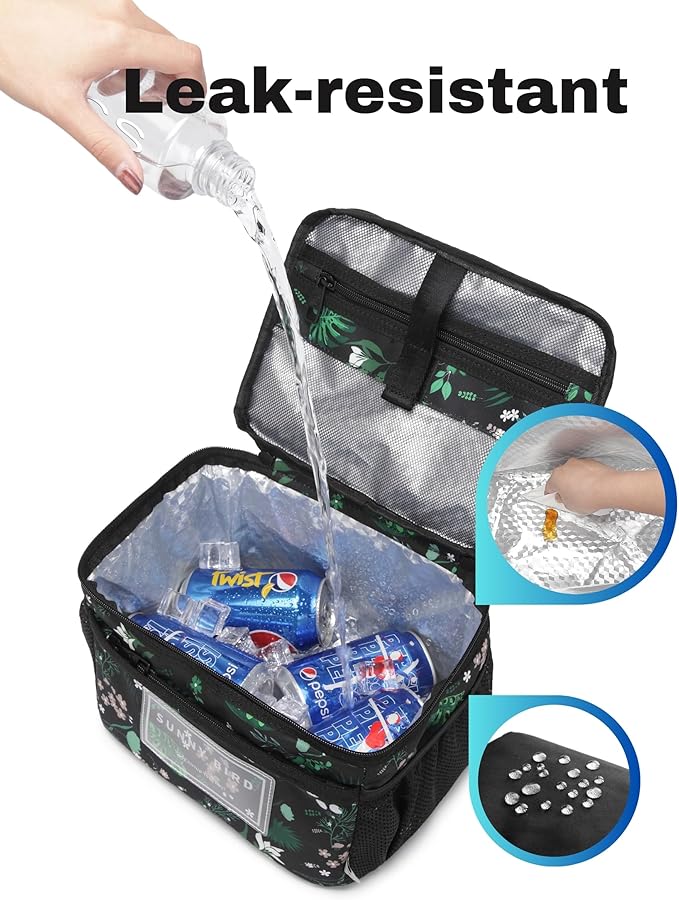 SUNNY BIRD Insulated Lunch Bag with Foldable and Leakproof Design, Thermally Insulated, Shoulder Strap for Women, Men and Teen (Floral & Foliage)