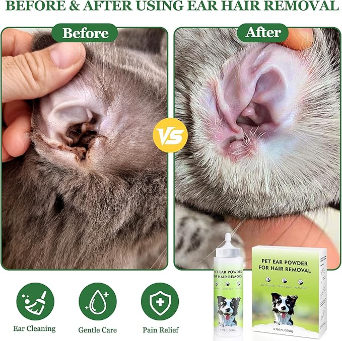 Dog Ear Hair Removal Kit - Dog Ear Powder, Trimmer and Dog Clippers Set for Grooming, Ear Cleaner for Itching, Dog Ear Infection Treatment, Removing Earwax and Odour