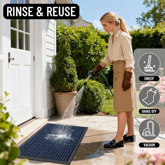OLANLY Front Door Mat Outside Entrance 47x23, Absorbent, Heavy Duty Sturdy Natural Rubber Doormat Indoor Outdoor, Non-Slip, Stain and Fade Resistant, Low Profile Floor Mat for Entryway, Navy Blue