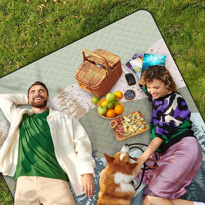 Waterproof Picnic Outdoor Blanket, 79" x 59" Sandproof Foldable Large Picnic Blanket for Beach, Camping, Park, Travel, Concert, Great Gift for Families and Couples (Green Scenery)