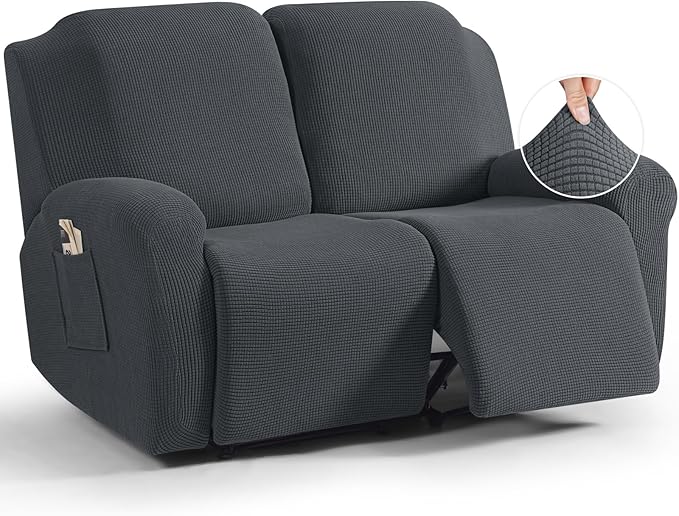 TAOCOCO Recliner Loveseat Slipcover, 6 Pieces Dual Recliner Sofa Covers for 2 Seat Dual Reclining Loveseat Couch, Stretch Soft Jacquard Pattern Furniture Protector with Elasticity (Charcoal Grey)