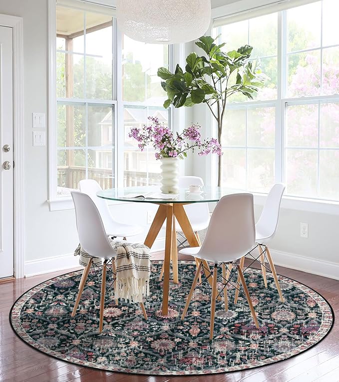 Lahome Moroccan Trellis Washable Round Area Rug, Round Rug 5ft Soft Non-Slip, Non-Shedding Distressed Circle Carpet for Bedroom Living Room Bathroom Nursery Kitchen Elise, Black/Multi