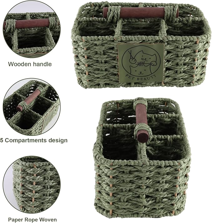 Dog Grooming Organizer,5 Compartments Caddy for Dog Cat Supplies,Handwoven Paper Rope Organizer with Handle,Ideal for Pet Shampoo,Trimmer,Clipper,Combo,Brush-Green