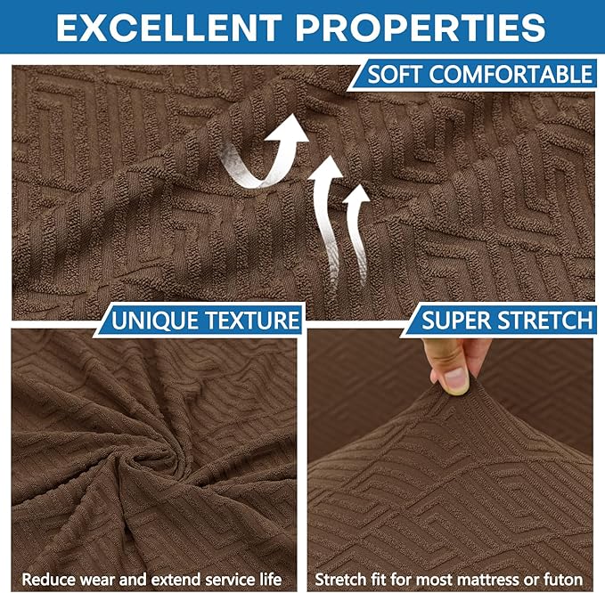 ZNSAYOTX Stretch Fit Futon Cover (67"-82") Armless Futon Sofa Bed Slipcover with Elastic Band, Universal Foldable Sofa Mattress Protector Full Queen Size, Washable Comfort Jacquard (Dark Coffee)