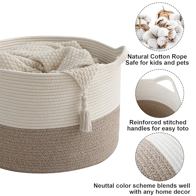 115L Extra Large Woven Cotton Rope Blanket Basket with Handles, Laundry Hamper Storage Bin for Pillows,Clothes, Bedroom and Living Room Organization, White & Brown