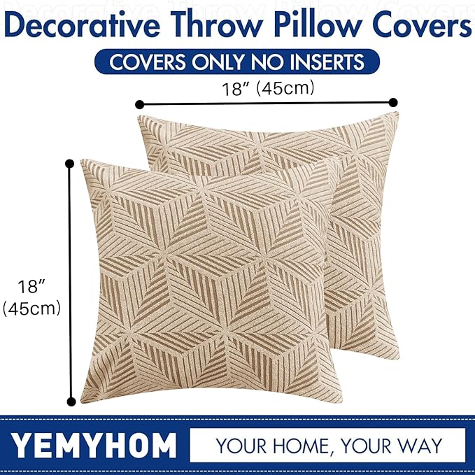 YEMYHOM Pack of 2 Throw Pillow Covers 18 x 18 Inch High Stretch Jacquard Pillowcase for Couch Sofa Living Room Home Decor, Khaki