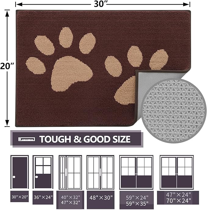Buganda Dog Door Mat for Muddy Paws, Absorbent Dirt Trapper Washable Indoor Doormats, Non Slip Low-Profile Mud Mat for Dogs, Front Entrance Doormat for Inside Floor (47x32 Inches, Brown)