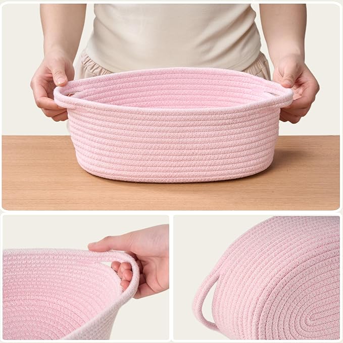 Small Woven Gift Basket Empty with Bag & Ribbon - Gifts for Mom, Baby Shower, Birthdays & Raffle - Cotton Rope Storage Basket for Dog Toys or Shelf - 12"x8"x5", Pink/Pink Ribbon