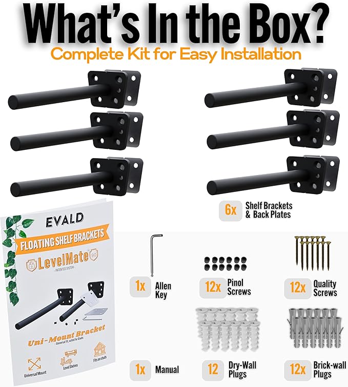 EVALD LevelMate™ 4-Inch Uni-Mount Floating Shelf Brackets | Hidden Black Carbon Steel Wall Supports for Wood Mantel, Kitchen Shelving, Bookshelves & Office Décor | Anti-Sag Pinol Screw System (6 Pack)