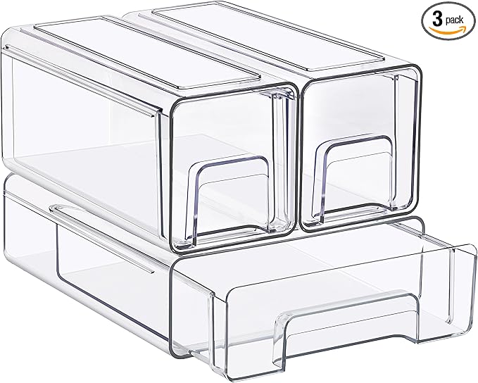 Sorbus 1 Medium & 2 Small Clear Stackable Storage Drawers, Plastic Organizer Bins with Handles, Pull-Out Stackable Drawers for Bathroom Closet, Medicine, Cabinet, Pantry Storage, Baby Bottle Organizer