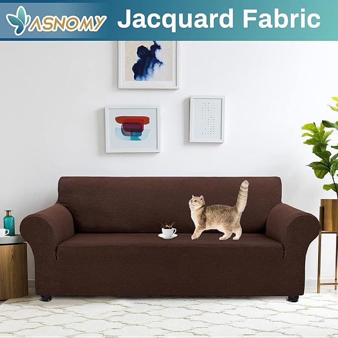 Asnomy Couch Covers for 3 Cushion Couch Stretch Sofa Covers Slipcovers, Pet Protector Furniture Covers for Dogs Cats Spandex Jacquard Fabric Small Checks（X-Large，Chocolate）