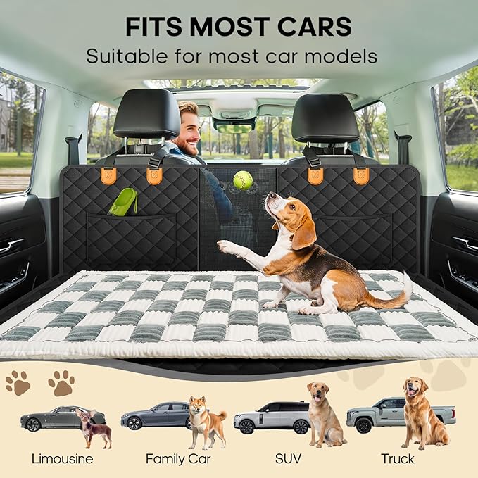 Npetrsnug Backseat Pet Bed Mat, Non-Slip Plaid Dog Bed for Car Back Seat, Flannel Backseat Dog Bed, Fit for Backseat Extenders and Trucks SUVs (Bluegrey&White, 24.8x54 inch)