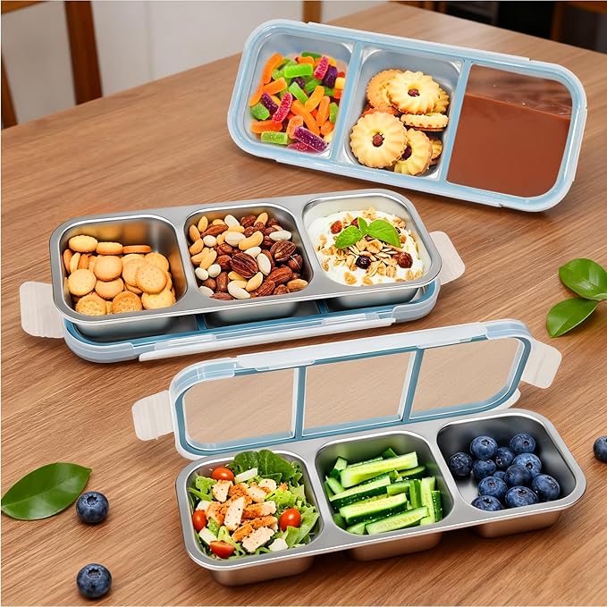 Snack Containers, 2Pack Stainless Steel Snackle Box Leakproof 3-Compartment Metal Bento Box with Airtight Lids, Reusable Food Storage Container for Lunch, Travel, Picnics, and Office