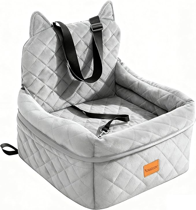 CABZOON Dog Car Seat for Small/Medium Dogs Up to 35lbs,Elevated Cushion Fits in Front/Back Seat,Travel Safety Per Car Bed with Washable Removable Cover, Storage 2 Pockets Grey
