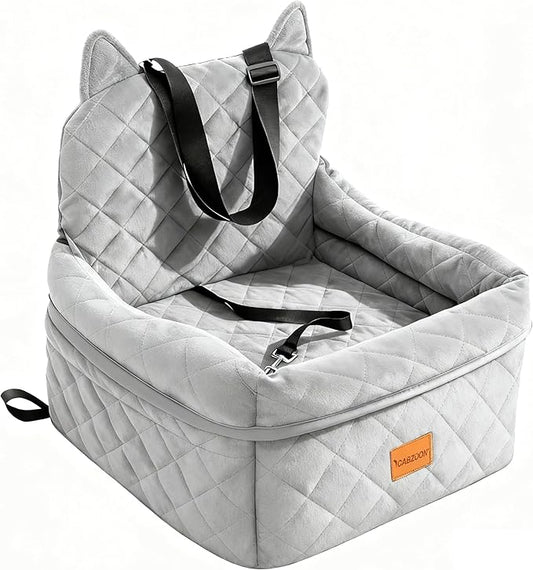 CABZOON Dog Car Seat for Small/Medium Dogs Up to 35lbs,Elevated Cushion Fits in Front/Back Seat,Travel Safety Per Car Bed with Washable Removable Cover, Storage 2 Pockets Grey