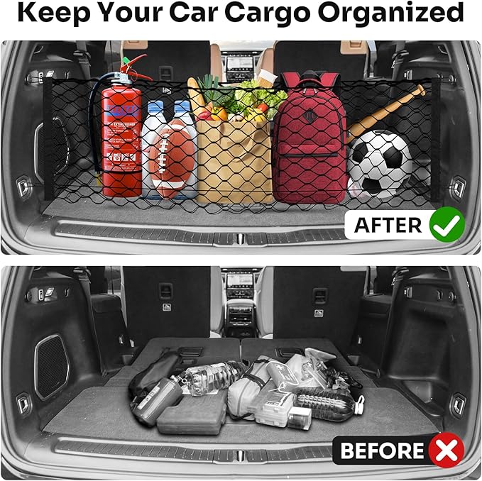Trunk Cargo Net for 2021-2026 Jeep Grand Cherokee L (7 Seats) Accessories Envelope Style Mesh Trunk Net Organizer and Storage Stretchable Adjustable Elastic Nylon Rear Cargo Netting with Hooks