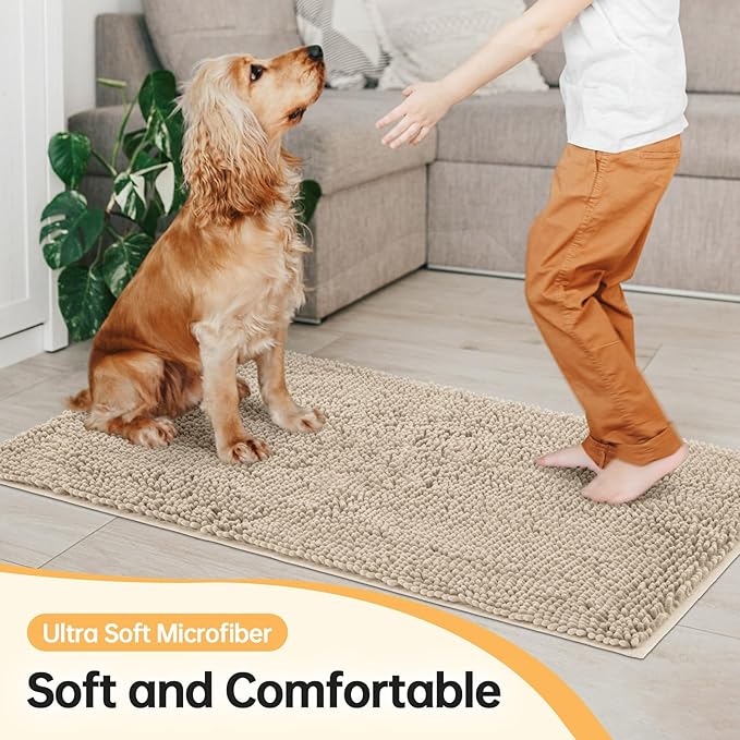 Absorbent Dog Door Mat for Muddy Paws, 60" x 48" Chenille Indoor Mats for Entryway, Trap Dirt Front Door Mat Indoor Entrance Washable Non Slip Soft Beige
