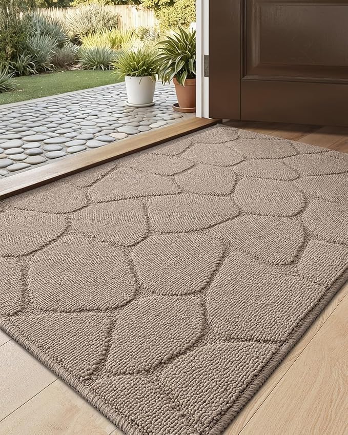 DEXI Front Door Entryway Mat Non Slip, 2x3 ft Washable Inside Entrance for House Floor Low Profile, Thin Entry Doormat Absorbent Dirt Trapper, Pebble Beige