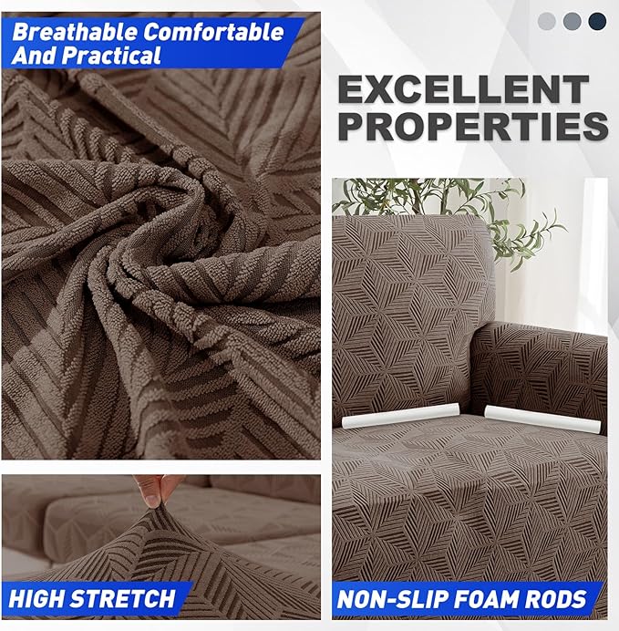 YEMYHOM 1 Piece Stretch Couch Covers for 2 Cushion Couch, Jacquard Loveseat Cover with Non-Slip Elastic Bottom, Thickened Slipcover Furniture Protector for Dogs Pets (Medium, Brown）