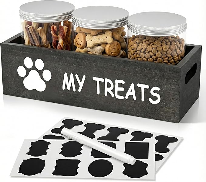 Dog Treat Container Airtight Storage Jars Set of 3 - Clear Plastic Pet Treat Canister with Lids - Dog Food Container for Countertop Organization (grey)