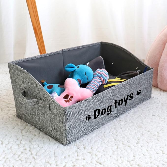 PET ARTIST Sturdy Collapsible Dog Organization and Storage Basket Accessible,Cute Dog Toy Storage with Handles,Dog Toy Box Bin Large for Chew Toys,Clothes,Squeak Toys,Gray