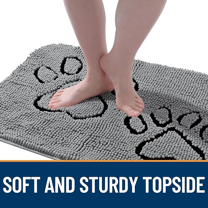 OLANLY Dog Door Mat for Muddy Paws 32x20, Double Paw Print Design, Absorbs Moisture and Dirt, Absorbent Non-Slip Washable Doormat, Quick Dry Chenille Mud Mat for Dogs, Indoor Entryway Carpet, Grey