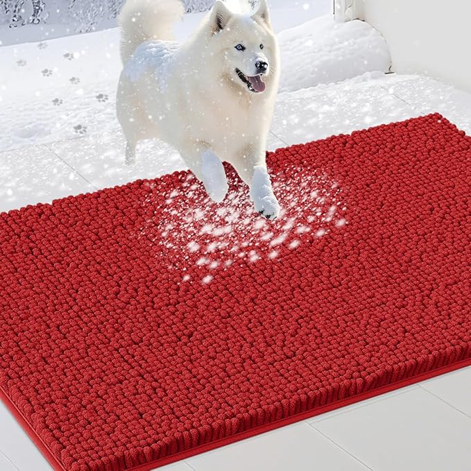 Large Dog Door Mats for Muddy Paws, 48" x 30" Chenille Absorbent Mud Mat for Dogs, Non Slip Heavy Dog Rugs For Muddy Paws, Soft Indoor Door Mat for Entryway, Mud Paw, Inside Floor, Christmas Red