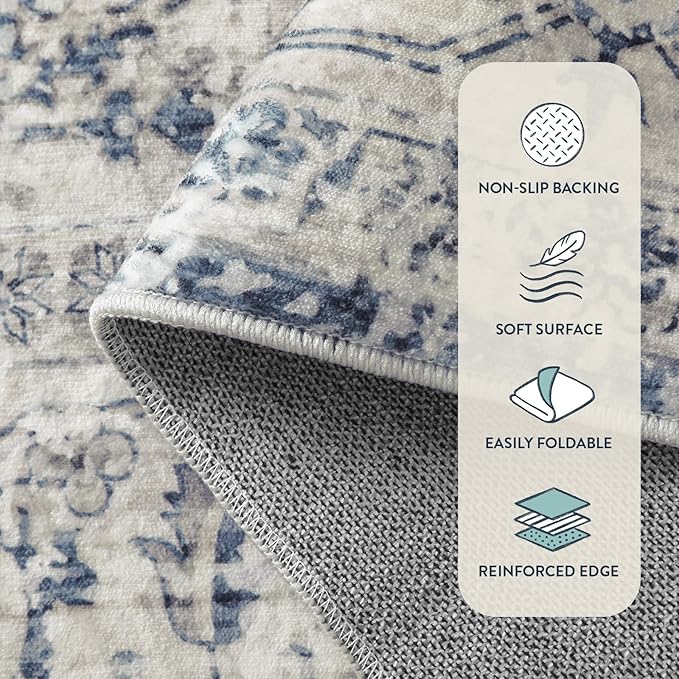Lahome Oriental Small Area Rug, 2x4 Washable Entryway Rug Non-Slip Ultra-Thin Indoor Door Mat Distressed Throw Carpet for Kitchen Bedroom Eleanor, Blue